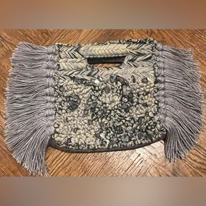 NEW Anthropologie Milo Embellished Gray Fringe Clutch Purse